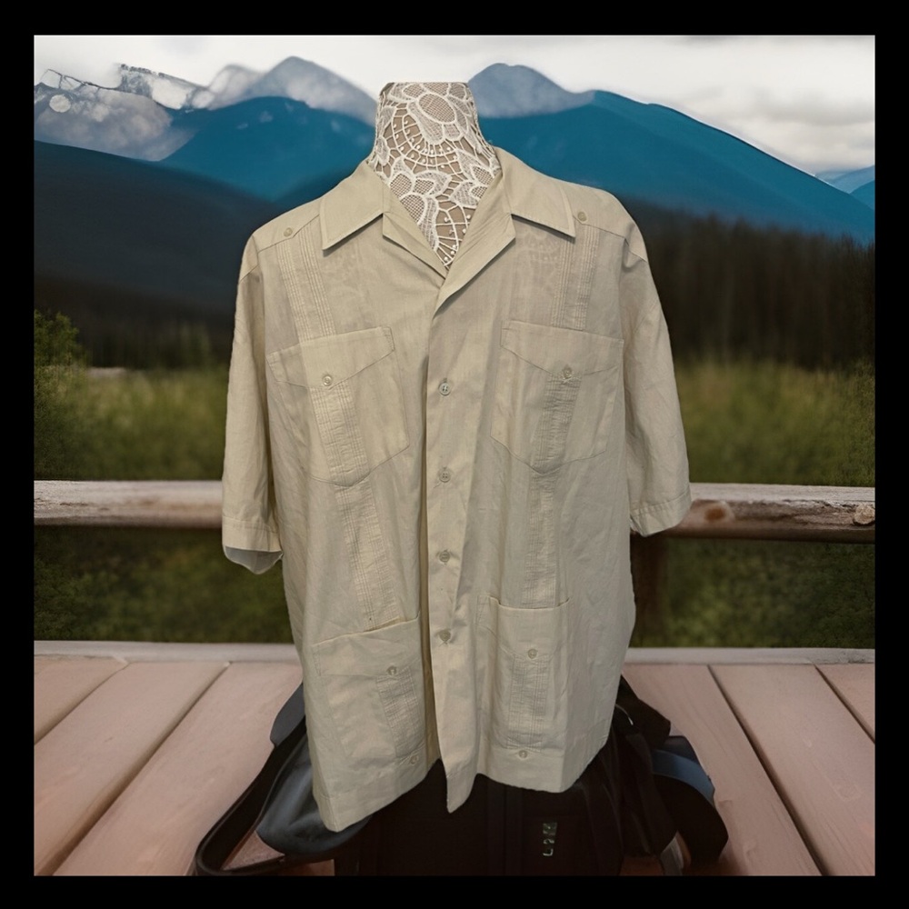 Vintage Romani Collection Beige Cuban Style Guayabera Shirt Mens 1X 4-pocket